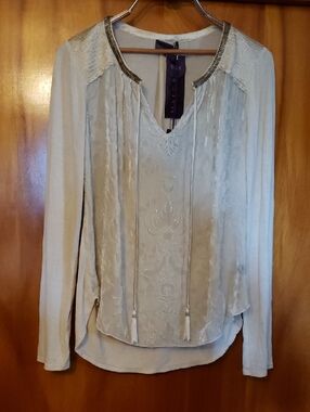 Hale Bob Lux Cream Silk Velvet Embroidered V-Neck Long-Sleeve Blouse w/ Tassels